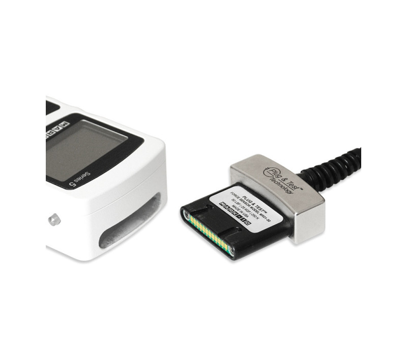La technologie unique Plug &amp; Test® permet d'utiliser des capteurs interchangeables avec un indicateur Mark-10. Toutes les données d'étalonnage et de configuration sont enregistrées dans le connecteur intelligent.