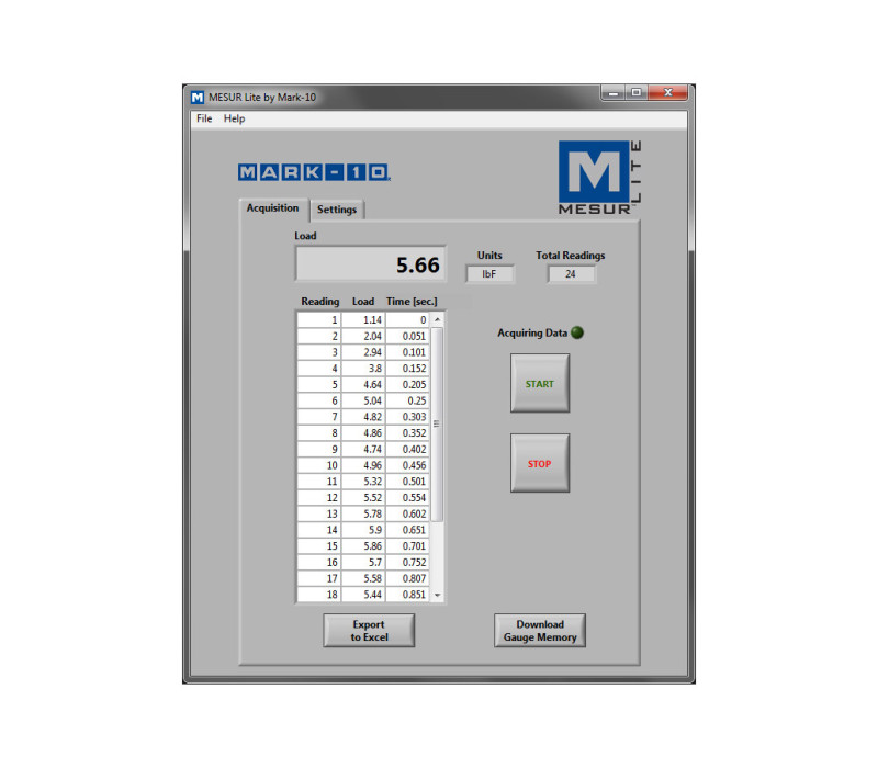 MESUR® Lite est un programme de collecte de données de base qui tabule les données reçues d'une jauge de force ou de couple Mark-10 et permet l'exportation des données vers Excel